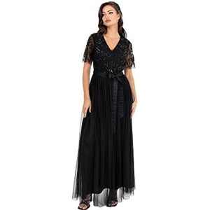 Womens maxi jurk dames baljurk voor bruiloft gast verfraaid stropdas taille V-hals bruidsmeisje prom avond gelegenheid zwart maat 24 UK, Zwart, 50