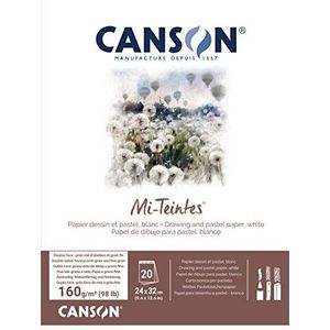 Canson Mi-Teintes, gekleurd tekenpapier, tijdig: honingraatstructuur en fijne korrel, 160 g/m², 98 lb, aan de korte zijde gelijmd blok, 24 x 32 cm, wit, 20 vellen - C31027P001