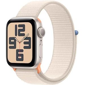 Apple Watch SE (2e generatie, 2023) (GPS 40 mm) Smartwatch - Kast van sterrenlicht aluminium - Sterrenlicht geweven sportbandje. Conditie en slaap bijhouden, ongelukdetectie, CO₂-neutraal