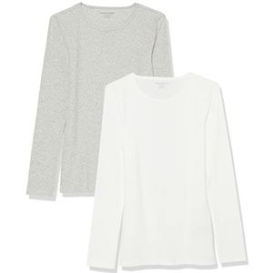 Amazon Essentials Slim-fit gelaagdheid voor dames, lange mouwen, gebreid, geribbeld, ronde hals (verkrijgbaar in grote maten), pak van 2, wit/grijs, 5XL Plus