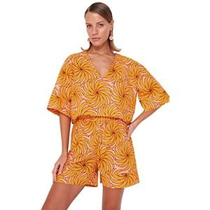 Trendyol Vrouwen Animal Print Geweven Blouse-Shorts Tweedelige Set, Oranje-Veelkleurig, 36, Oranje-veelkleurig, 62 NL