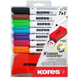 Kores - K-Marker XW1: Gekleurde whiteboard markeerstiften met ronde punt, droog doekje en geurarme inkt, school- en kantoorbenodigdheden, set van 7 verschillende kleuren en 1 magnetische gum