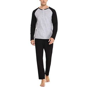Sykooria Heren pyjama lange mannen warm katoen winterpyjama tweedelige set lange mouwen en pyjamabroek met zakken, grijs en zwart, XL