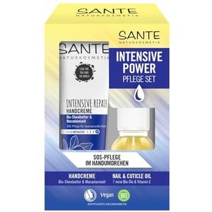 SANTE Naturkosmetik Intensive Repair handverzorgingsset, handcrème met sheaboter en macadamia-olie + nail & cuticle nagelolie met 7 biologische oliën, intensieve verzorging voor belaste handen, 1 set