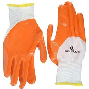 Delta Plus polyester fijne gebreide handschoen, nitril coating op handpalm, vingertoppen en handrug, wit-oranje, 120 stuks, 7, wit-oranje, 1