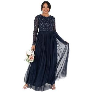 Maya Deluxe Maxi-jurk voor dames, lange mouwen, ronde hals, pailletten, versierd met tule, bloemen-A-lijn voor gelegenheid, baljurk, Donkerblauw, 54