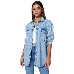 Trendyol Dameshemd met rechte lange mouwen, plus size, blauw, L Grote maten