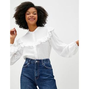 Koton Damestrui met pofmouwen, viscose, ronde hals, ruches, knoopdetail, ecru(010), 36