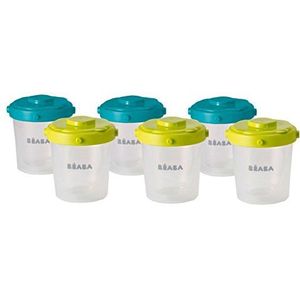 BÉABA - Set van 6 opbergbekers voor babyvoeding, stapelbare en met clip te bevestigen containers, 100% luchtdicht met maatschaal, geschikt voor vriezen, 6 x 200 ml, geel/blauw