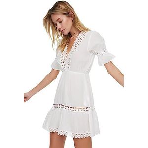 Trendyol Dames kant gestreepte strandjurk jurk, wit, 34