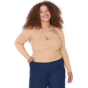 Trendyol Dames V-hals Plain Bodycon Plus Size Sweater Camel, XXL, Kameel, XXL