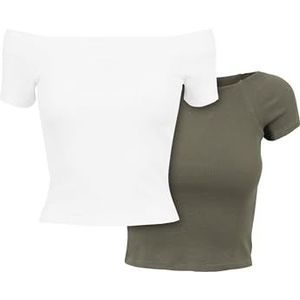 Urban Classics, Damen, T-Shirt, Ladies Off Shoulder Rib Tee 2-Pack, White+Olive, S