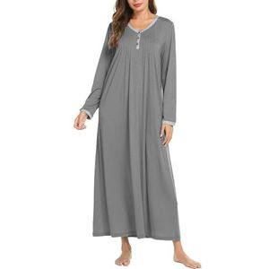 Ekouaer Womens Cotton Knit Long Sleeve Nightgown for Women, Henley Full Length Sleep Dress,Dark Grey,Large