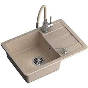 VBChome Spoelbak met armatuur, 62 x 44 cm, beige graniet enkele wastafel, inbouwspoelbak, gespikkeld, omkeerbare composietspoelbak + spoelbakarmatuur + sifon + afwasmiddeldispenser