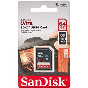 SanDisk Ultra SDXC UHS-I-Kaart 64 GB (Voor Compacte Point-And-Shoot-Camera, Leessnelheden Tot 100 MB/s,Full HD Video, Class 10, UHS-I, 10 Jaar Beperkte Garantie)