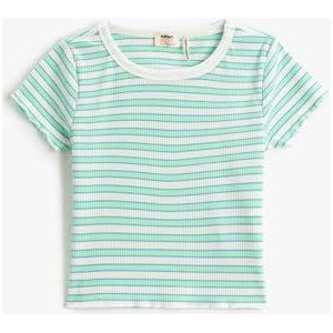 Koton Girls's Crop Slim Fit Short Sleeve Crew Neck Katoenen T-shirt, Green Stripe (7s6), 6-7 Jaar