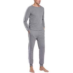 Doaraha Pyjama voor heren, katoen, geruit, nachtkleding, lange mouwen, zacht en comfortabel rooster, korte mouwen, T-shirt en broek, 2 stuks, 1175# donkergrijs, lange mouwen, XXL