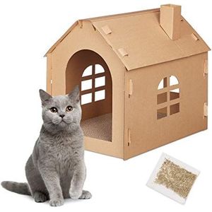 Relaxdays kattenhuis karton, kattenhuisje met krabplank, bouwpakket, met kattenkruid, 46 x 36.5 x 42.5 cm, bruin