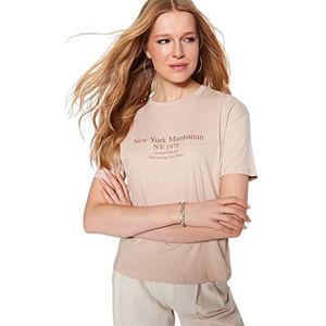 Trendyol Gebreid T-shirt met ronde hals voor dames met relaxte pasvorm, Beige, S