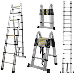 COOCHEER 5 m telescopische ladder, 2-in-1, multifunctionele ladder, inklapbaar, belastbaar tot 150 kg (2,5 + 2,5 m), zilver en zwart