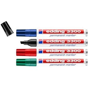 edding 3300 permanent marker - zwart, rood, blauw, groen - 4 stiften - beitelpunt 1-5 mm - sneldrogende permanent marker - water- en wrijfvast -voor karton, kunststof, hout, metaal - universele marker