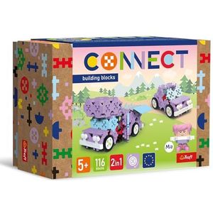 Trefl - Connect: Set blokken 2-in-1, Camper/Schattige auto - 116 elementen: 111 blokken + Figuur 5 blokken, Creatieve ontspanning voor volwassenen en kinderen vanaf 5 jaar