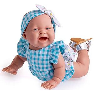 JC Toys - Lola On The Go pop, 36 cm, zacht vinyl, smiley-gezicht, liggende pols, Vichy en bloemenprint, kleding en sandalen, meisjes, gemaakt in Spanje, 2 jaar