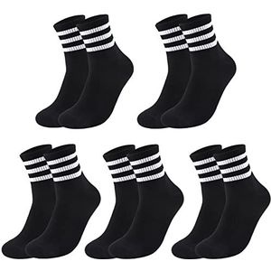 Ultrafun 5 paar uniseks gestreepte crew-sokken ademend atletische sport gym school casual kwart enkelsokken voor mannen vrouwen, 2 Streep (Zwart Wit), one size