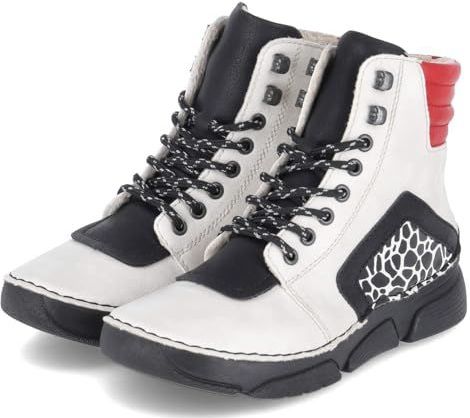 Rieker - Sneakerboots - Offwhite/zwart/rood - Enkelhoog - Sleehak - Ritssluiting en Vetersluiting