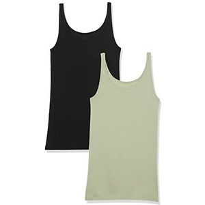 Amazon Essentials Dames Slim-Fit vest met dunne bandjes, 2 stuks, zwart/licht saliegroen, XS
