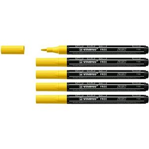 Acrylmarker - STABILO FREE Acrylic - T100 Ronde Punt 1-2mm - 5 stuks - geel