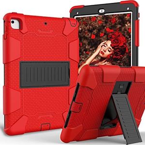 iPad 9.7 2018 hoes met standaard, duurzame, schokbestendige, harde hybride drielaagse beschermhoes, softshell, Apple Tablet, Silicone Case (zwart + rood)
