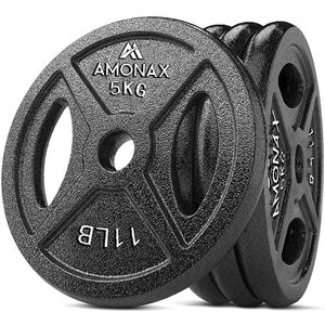 Amonax Halterschijvenset, 2,5 kg, 5 kg, 10 kg halterplaten voor 1 inch halterschijven, metalen halterplaten voor gewichtheffen, heupstuwkracht, gietijzeren stalen halterschijven voor thuisgym, 1 inch