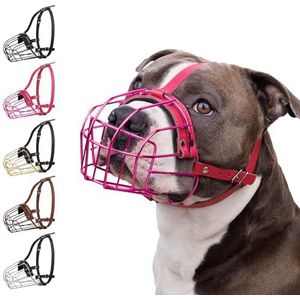 BRONZEDOG Pitbull metalen masker voor honden, Amstaff, draadmand, pitbull, verstelbare lederen banden voor grote honden (roze)