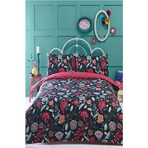 Irvine 1-persoonsbed dekbedovertrek en 1 kussensloop set beddengoed, bedset, zwart, rood, bloemen, retro zwart