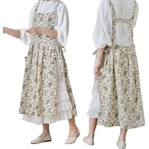 TALIBSA Overgooier schort jurk, Japans katoen linnen kruis terug schort voor vrouwen met zakken, overgooier jurk met taillebanden, witte bloem