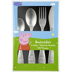 p:os Peppa Pig Kinderbestek, 4-delige bestekset met mes, vork, soeplepel en dessertlepel, eetbestek met reliëf van roestvrij staal
