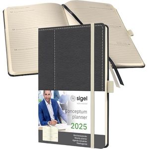 SIGEL C2557 afsprakenplanner weekkalender 2025, lederlook, ca. A5, donkergrijs/wit, hardcover, 192 pagina's, elastiek, penlus, archieftas, PEFC-gecertificeerd, Conceptum