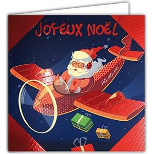 Afie 23013 vierkante kaart rood glanzend kerstman vrolijk vliegtuig verzending geschenken open haard feestdagen - met witte envelop