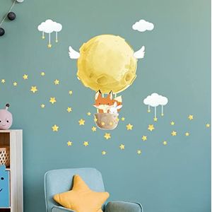 Muurtattoo kinderen - decoratie babykamer - muursticker kinderkamer - muursticker vos reis + 80 sterren - H40 x 30 cm