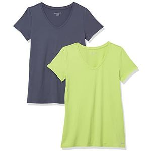 Amazon Essentials Dames Tech Stretch T-shirt met korte mouwen en V-hals (verkrijgbaar in grote maten), 2-Pack, Leisteengrijs/Limoengroen, XS