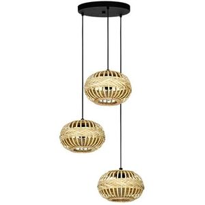 EGLO Hanglamp Amsfield 1, 3-lichts pendellamp boven eettafel, eettafellamp van zwart metaal en natuurlijk bamboe, lamp hangend voor woonkamer, E27 fitting, Ø 48 cm