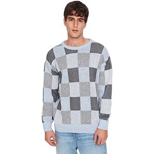 Trendyol Heren ronde hals geruite oversized trui sweatshirt, Blauw, XL