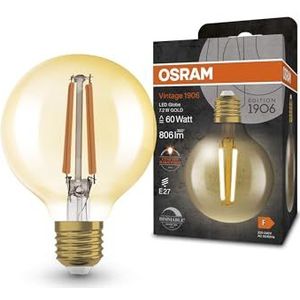 OSRAM Vintage 1906® Classic GLOBE80 FIL 60 LED lamp, E27, dimbaar, bolvormig, goud, 7,2W, 806lm, 2400K, verminderd warm wit licht, laag energieverbruik, lange levensduur