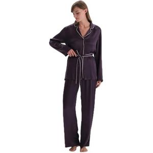 Dagi Dames hoge taille satijn geweven broek met beenriem pyjamabroek, Paars, 40