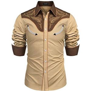 COOFANDY Herenshirt, western, cowboyshirt met borduursel, knoopsluiting en lange mouwen, XL