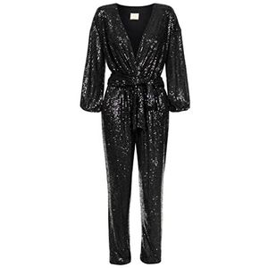 wing Fashion Jumpsuit voor dames, elegant, feestelijke jumpsuit, playsuit, broekpak, romper, pailletten, overall, V-hals, lange mouwen, zwart, 34