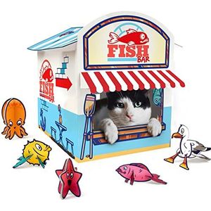 Suck UK Kattenkiosk-speelhuis, kattenspeelgoed, kattenhuis van karton, kattenaccessoires, kattenspeelhuis, kartonnen huis, kattenaccessoires, kattenmand, kattenschuilplaats met 3D-speelgoed van karton