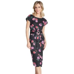 Gina Bacconi Satijnen jurk met bloemenprint en gesp, zwart/roze, 18, Zwart/Roze, 44