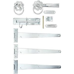 Merriway BH07088 Heavy Duty Houten Poortfitting, 3 x 12 inch T-scharnieren, Brenton Style Padbolt, Ring Latch & Fittings-Bright Zink Plated, Set van 1 Kit, Zilveren Toon